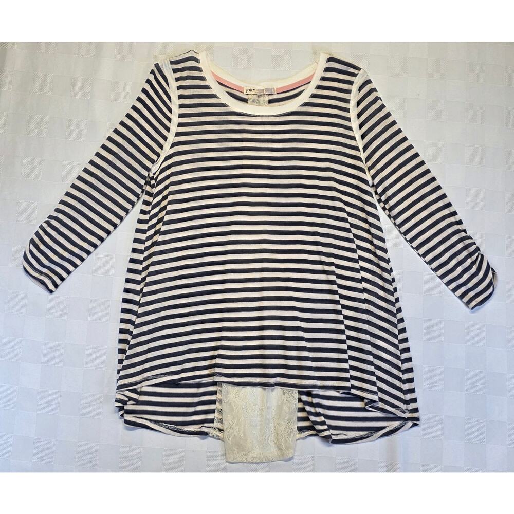 Womens L Tunic Top Striped Split Open Peek a Boo Back Sheer Lace Hi Low